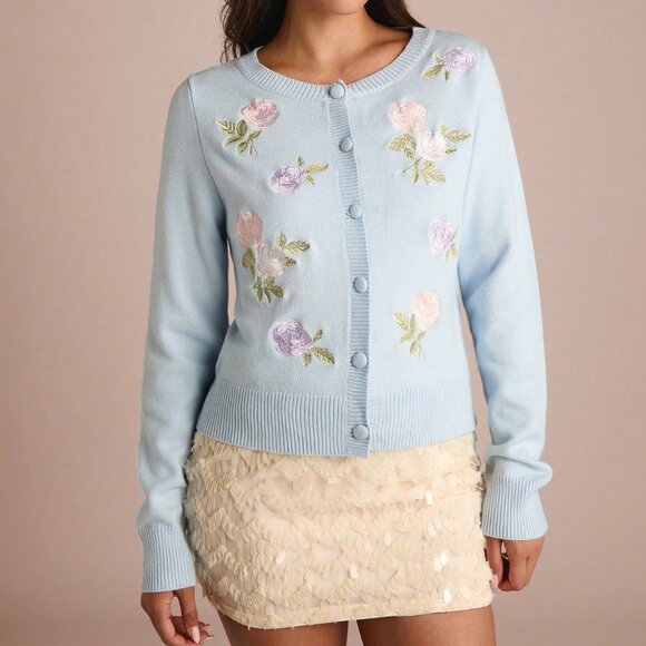 Baby Blue Romantic Women's Floral Embroidered Long Sleeve Knit Cardigan - Picture 3 of 7